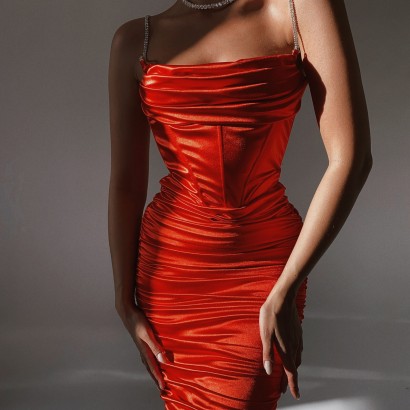 Ruched satin metallic knee length dress in red