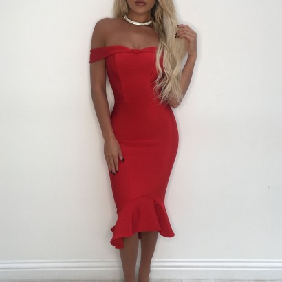 Red bodycon frill midi dress