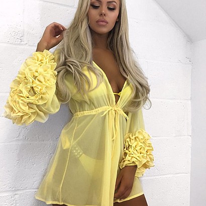Yellow ruffle sleeve beach dress