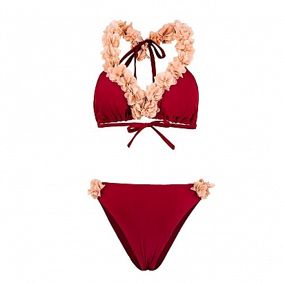 Red peach flower triangle bikini set
