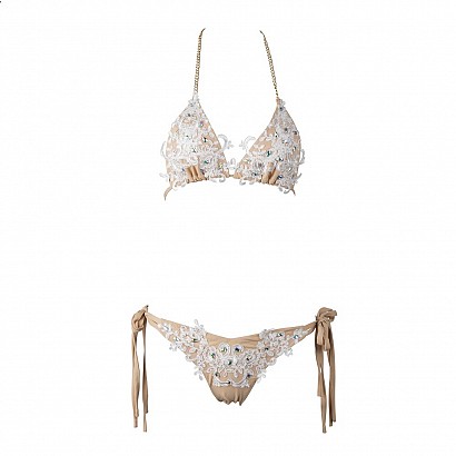 Białe koronkowe bikini zdobione kryształami AB