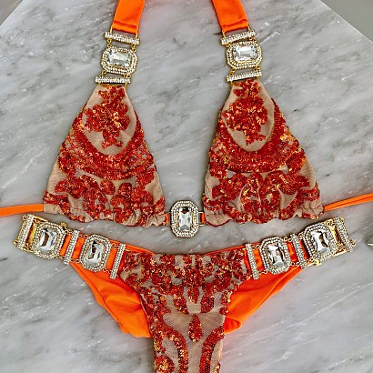Pomarańczowe bikini zdobione kryształami Swarovskiego®