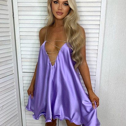 Lilac satin low back swing dress with iridescent crystal straps and neck detail