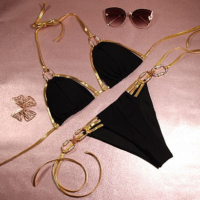 Czarne bikini zdobione złotymi paseczkami z kryształkami Swarovskiego®